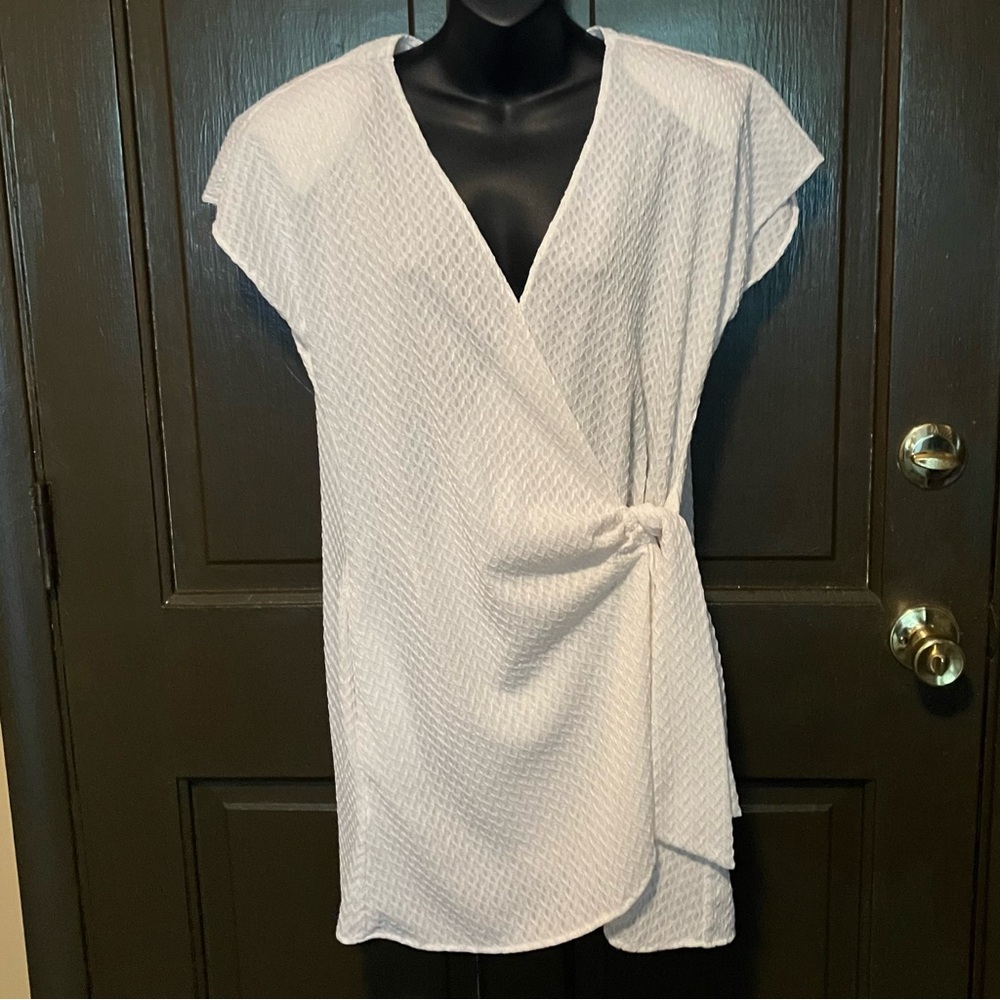Vintage Sand Dollars By Robby Len White Beach Coverup Wrap Side Tie Cap Sleeves
